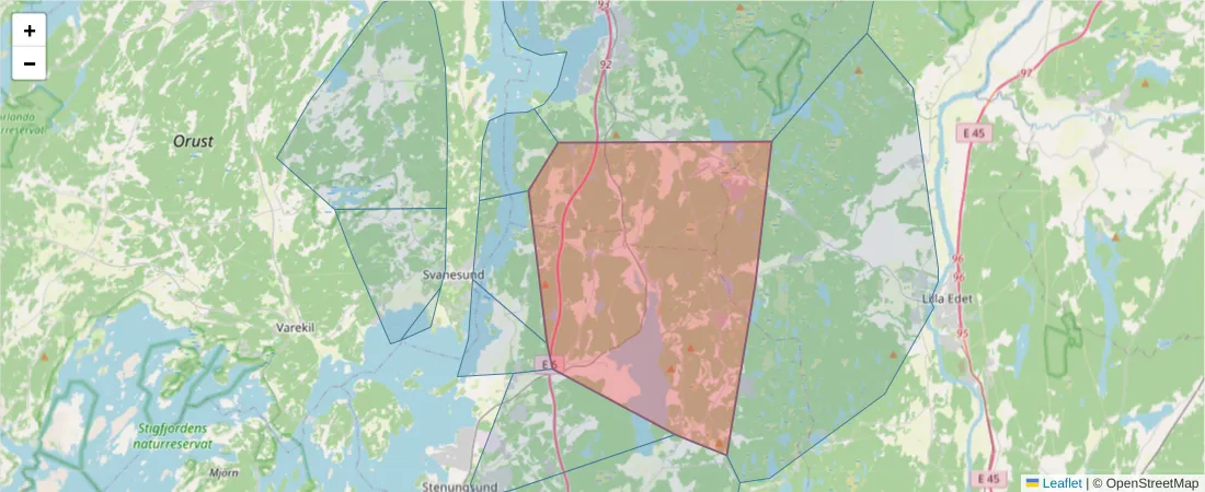 Karta över postnummerområdet  och angränsande postnummer i Sverige