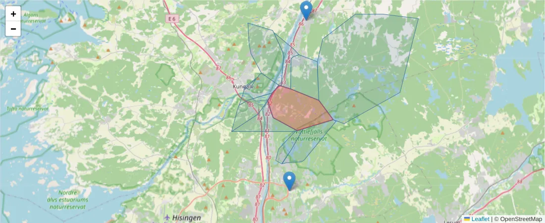 Karta över postnummerområdet  och angränsande postnummer i Sverige