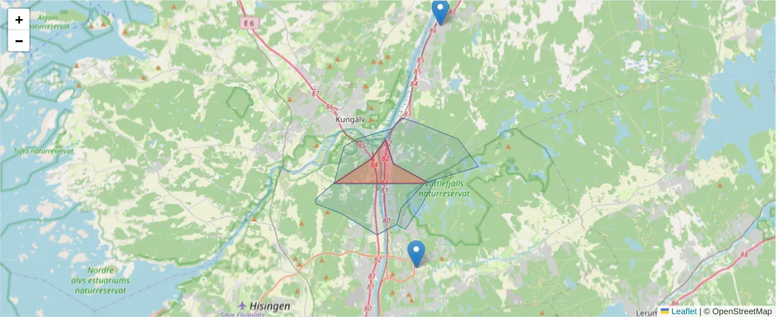 Karta över postnummerområdet  och angränsande postnummer i Sverige
