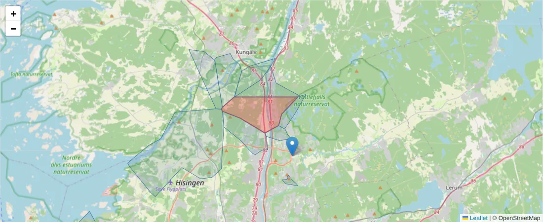 Karta över postnummerområdet  och angränsande postnummer i Sverige