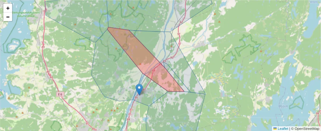 Karta över postnummerområdet  och angränsande postnummer i Sverige