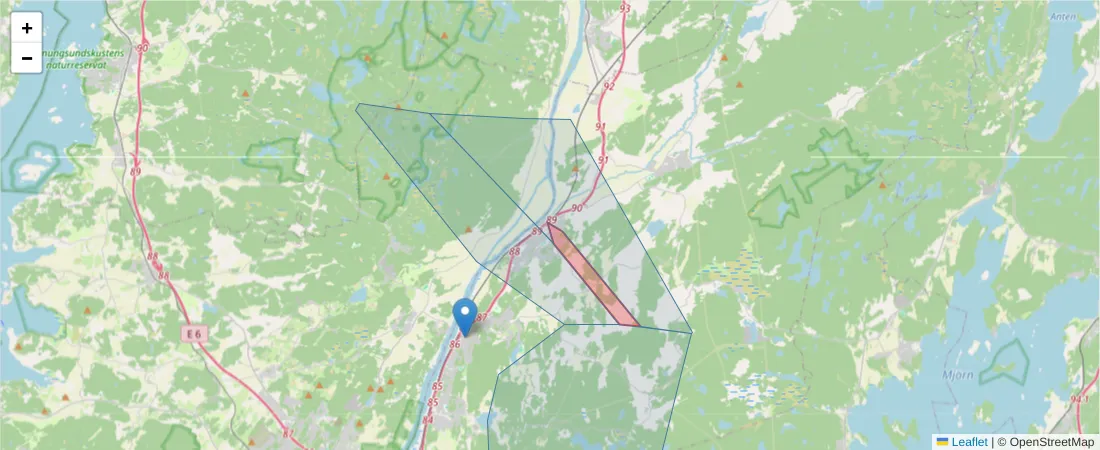 Karta över postnummerområdet  och angränsande postnummer i Sverige