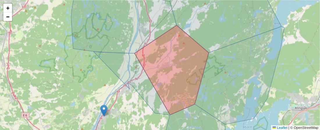 Karta över postnummerområdet  och angränsande postnummer i Sverige