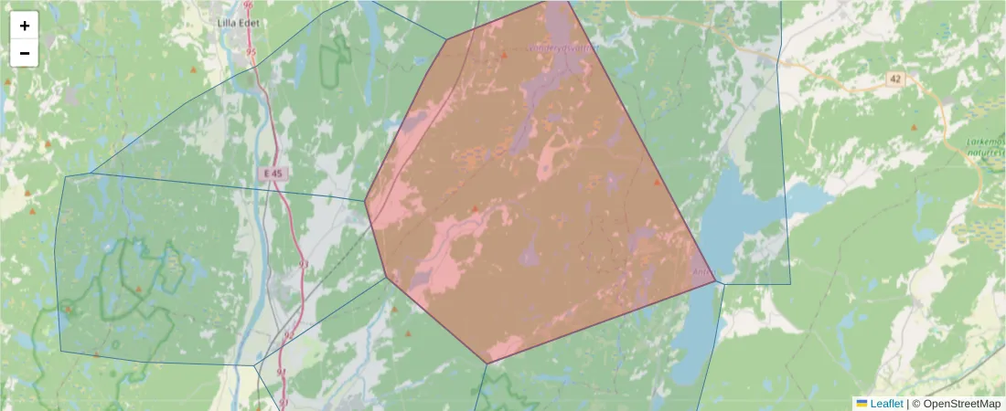 Karta över postnummerområdet  och angränsande postnummer i Sverige