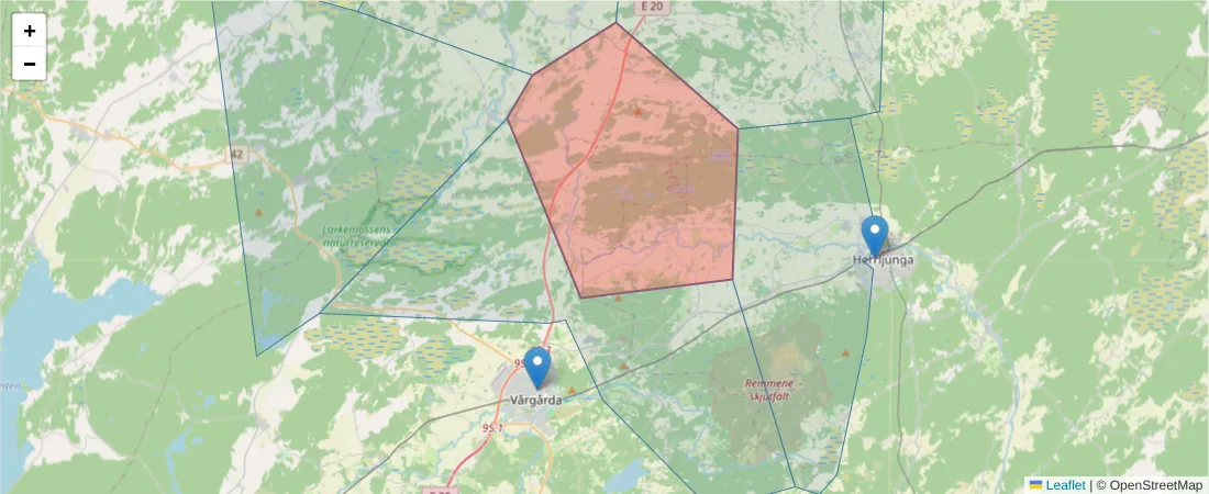 Karta över postnummerområdet  och angränsande postnummer i Sverige