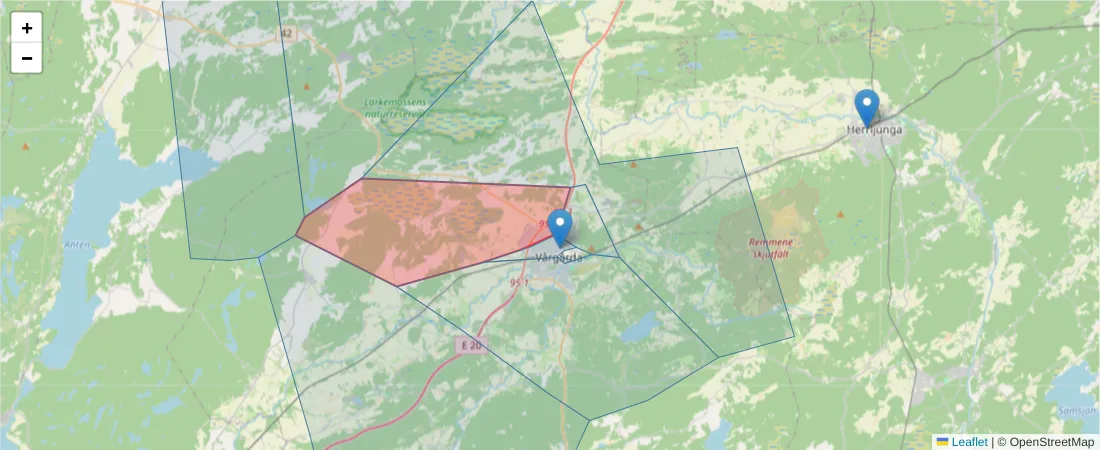 Karta över postnummerområdet  och angränsande postnummer i Sverige