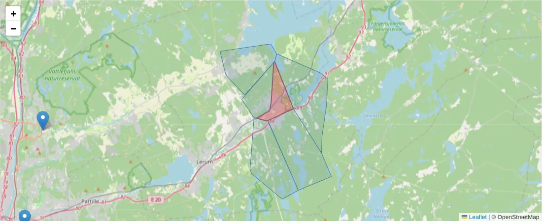 Karta över postnummerområdet  och angränsande postnummer i Sverige