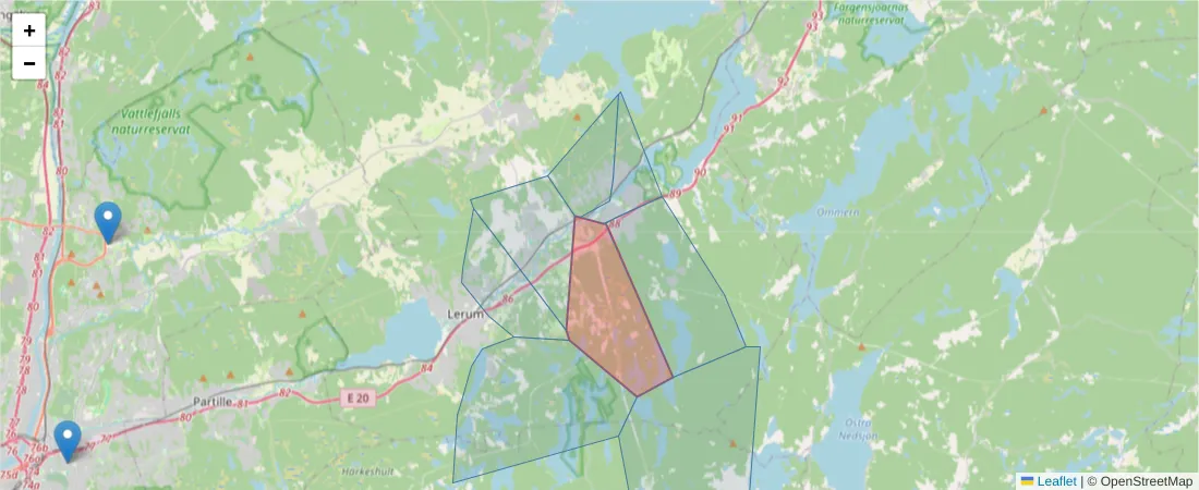 Karta över postnummerområdet  och angränsande postnummer i Sverige