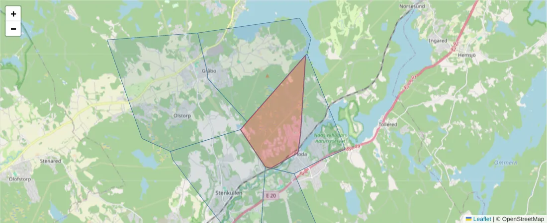 Karta över postnummerområdet  och angränsande postnummer i Sverige