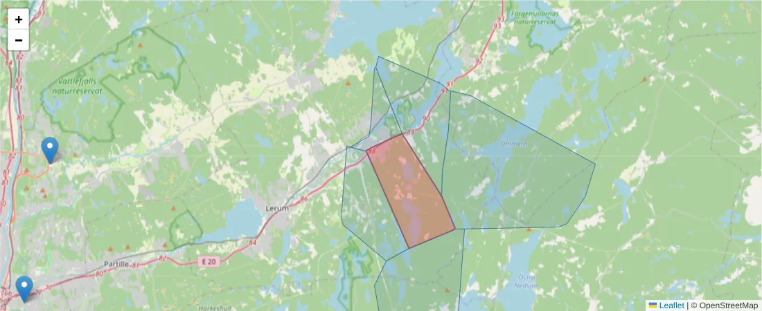 Karta över postnummerområdet  och angränsande postnummer i Sverige