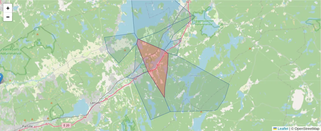Karta över postnummerområdet  och angränsande postnummer i Sverige