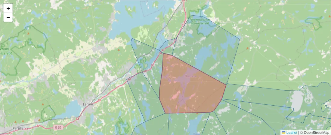 Karta över postnummerområdet  och angränsande postnummer i Sverige