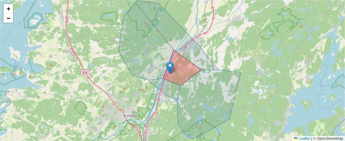 Karta över postnummerområdet  och angränsande postnummer i Sverige