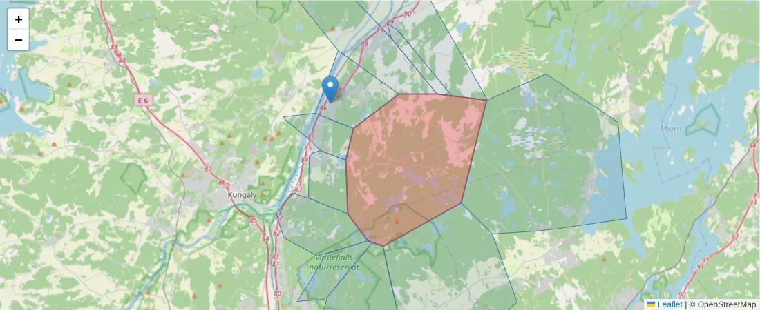 Karta över postnummerområdet  och angränsande postnummer i Sverige