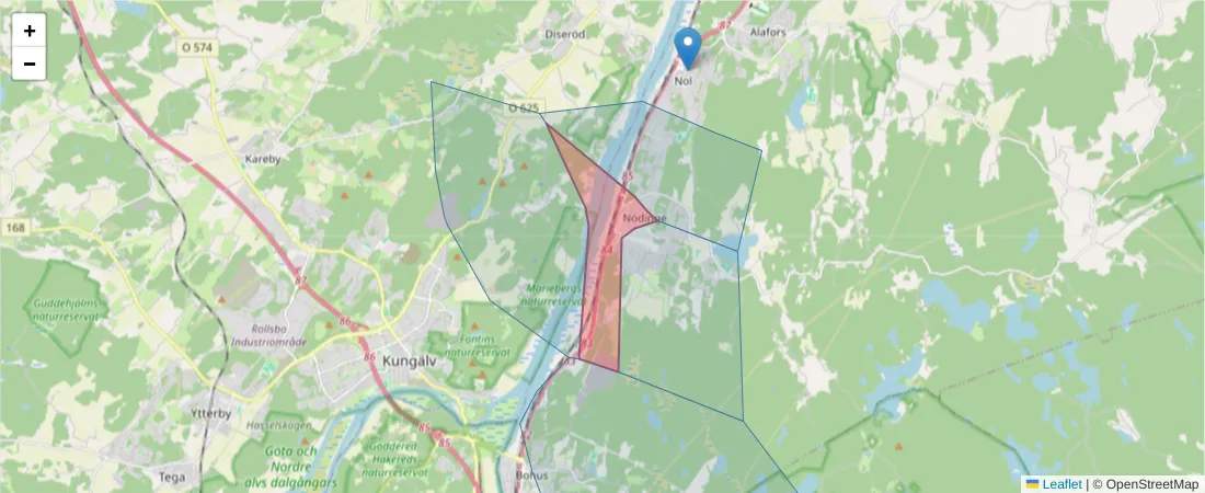 Karta över postnummerområdet  och angränsande postnummer i Sverige