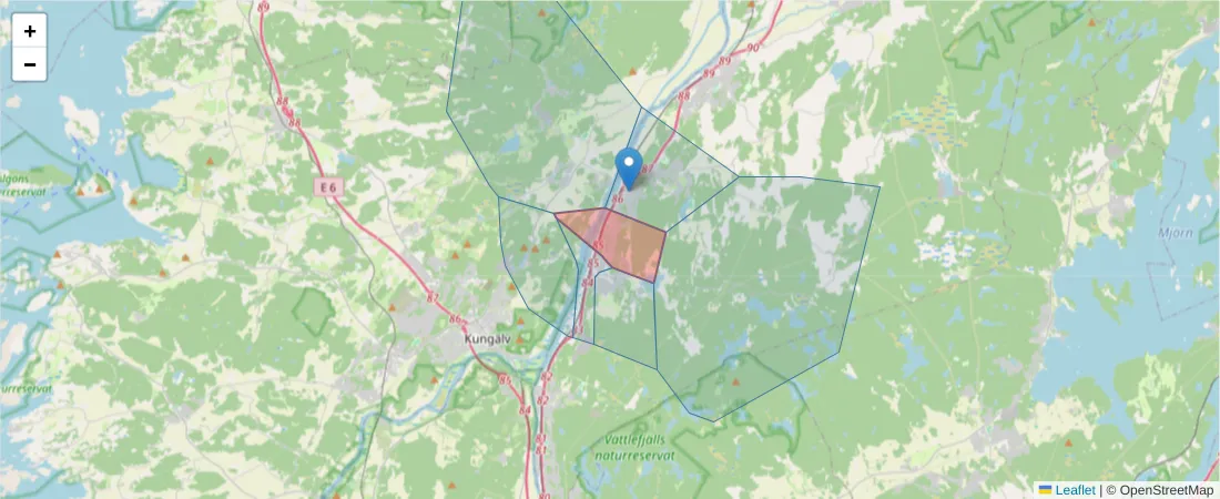 Karta över postnummerområdet  och angränsande postnummer i Sverige