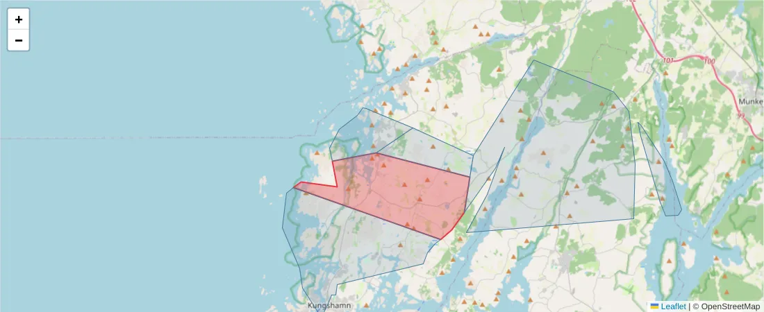 Karta över postnummerområdet  och angränsande postnummer i Sverige