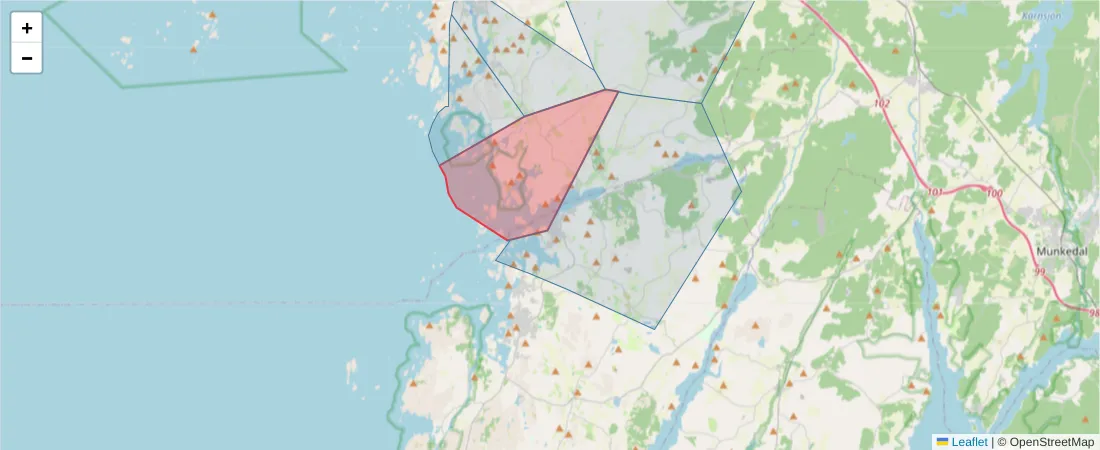 Karta över postnummerområdet  och angränsande postnummer i Sverige