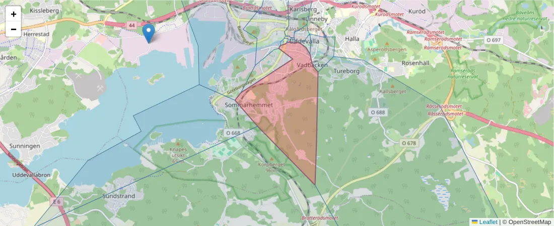 Karta över postnummerområdet  och angränsande postnummer i Sverige