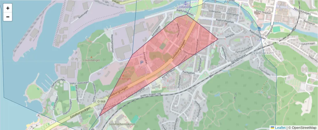 Karta över postnummerområdet  och angränsande postnummer i Sverige