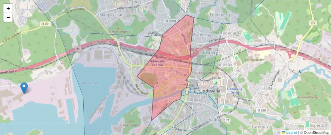 Karta över postnummerområdet  och angränsande postnummer i Sverige