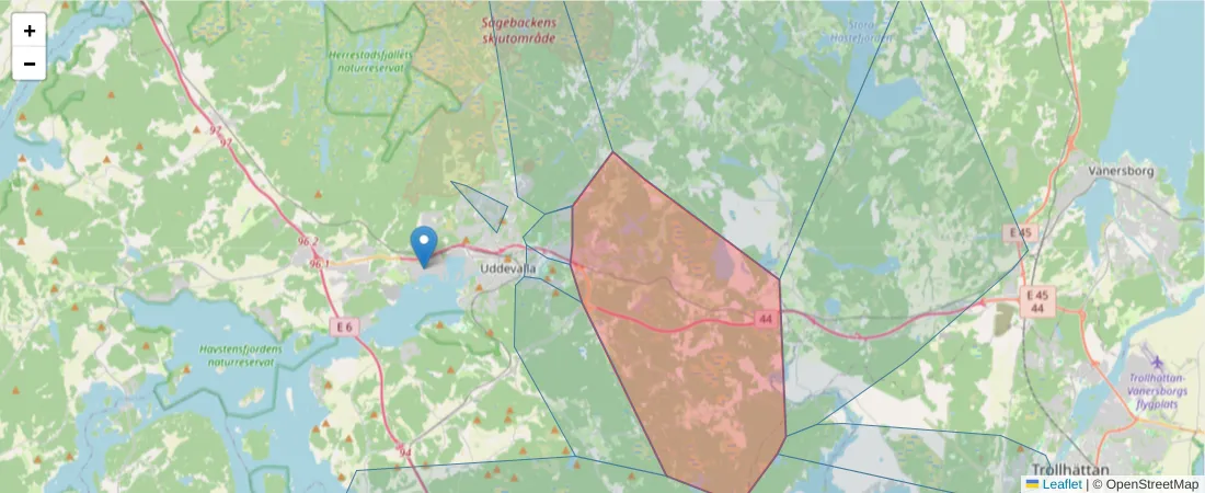 Karta över postnummerområdet  och angränsande postnummer i Sverige