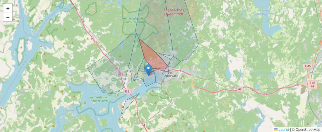 Karta över postnummerområdet  och angränsande postnummer i Sverige