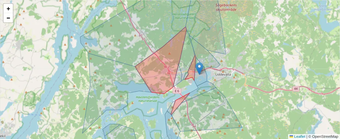 Karta över postnummerområdet  och angränsande postnummer i Sverige