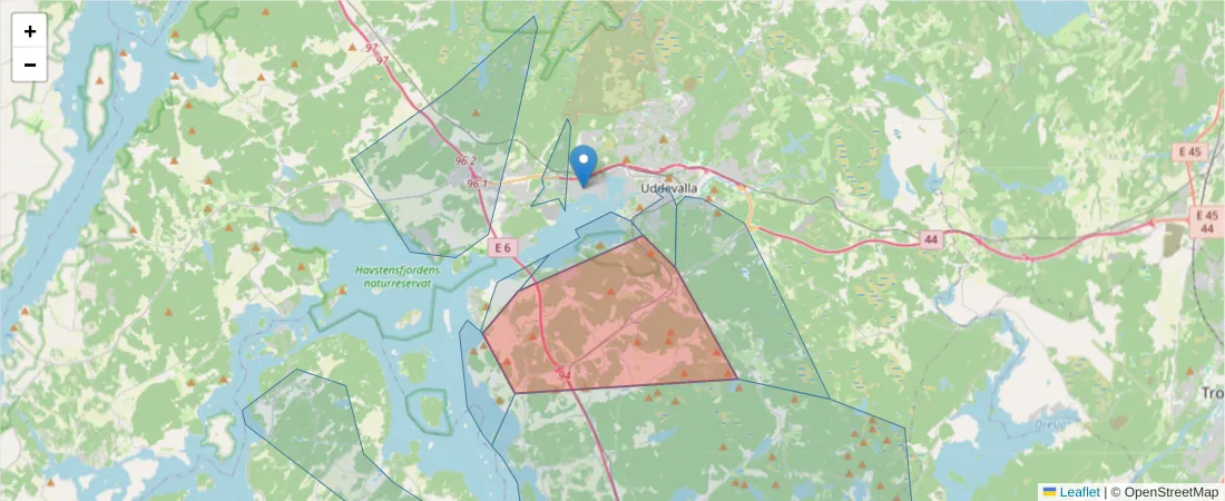 Karta över postnummerområdet  och angränsande postnummer i Sverige