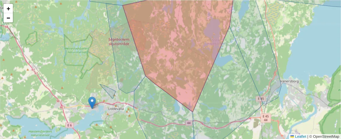 Karta över postnummerområdet  och angränsande postnummer i Sverige