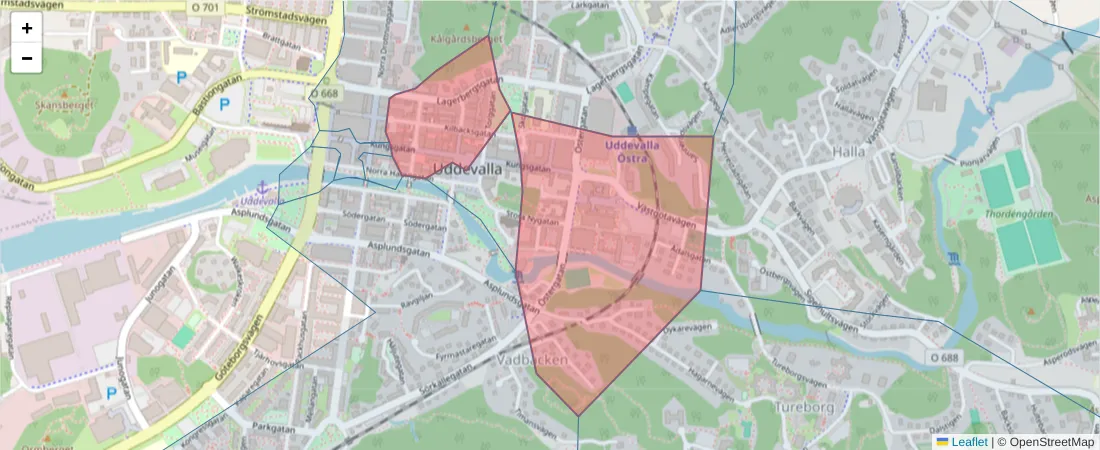 Karta över postnummerområdet  och angränsande postnummer i Sverige