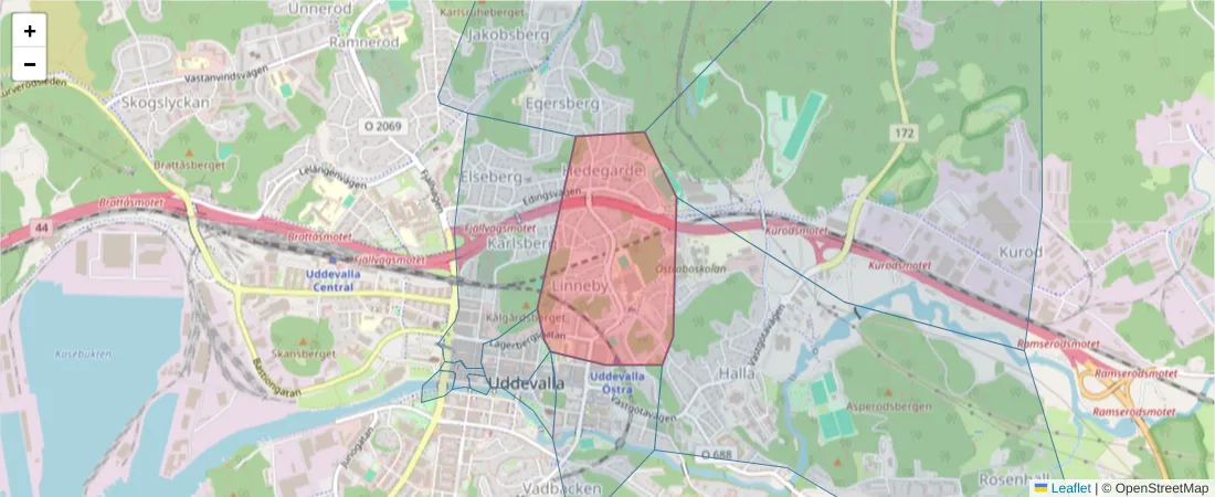 Karta över postnummerområdet  och angränsande postnummer i Sverige