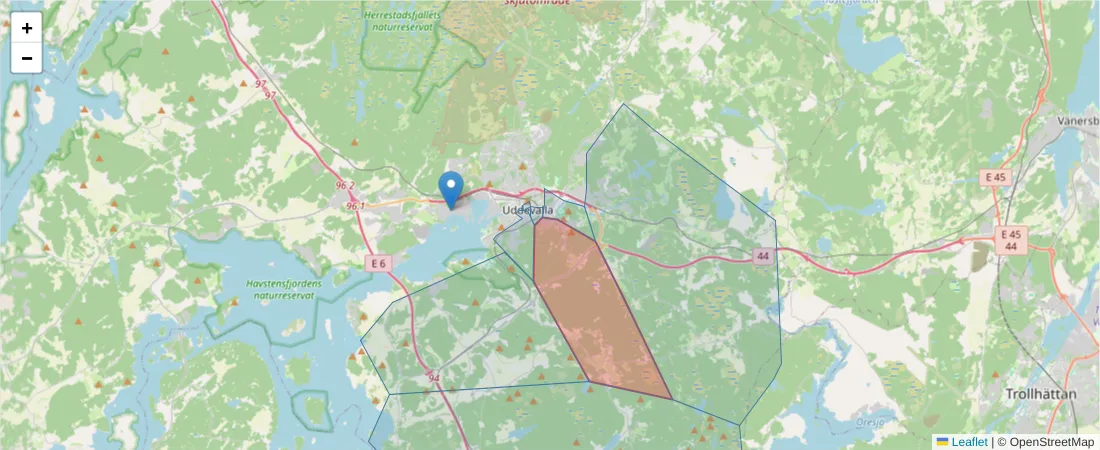Karta över postnummerområdet  och angränsande postnummer i Sverige