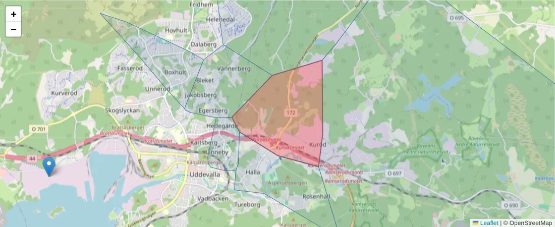 Karta över postnummerområdet  och angränsande postnummer i Sverige