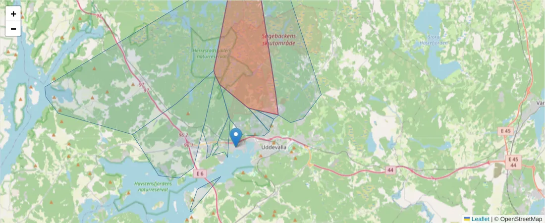 Karta över postnummerområdet  och angränsande postnummer i Sverige