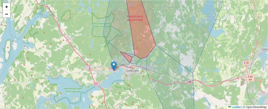 Karta över postnummerområdet  och angränsande postnummer i Sverige