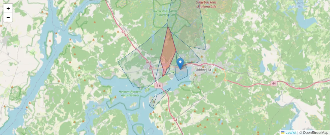Karta över postnummerområdet  och angränsande postnummer i Sverige