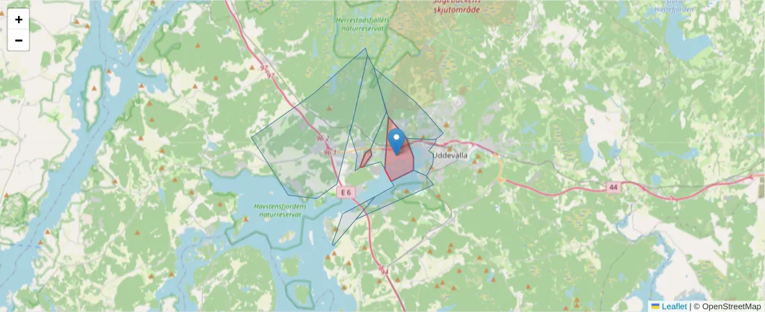 Karta över postnummerområdet  och angränsande postnummer i Sverige