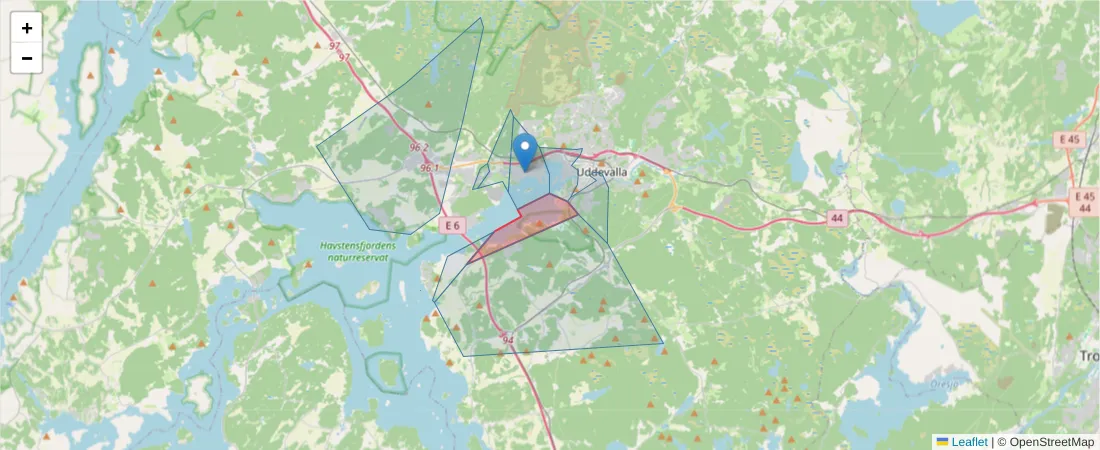 Karta över postnummerområdet  och angränsande postnummer i Sverige