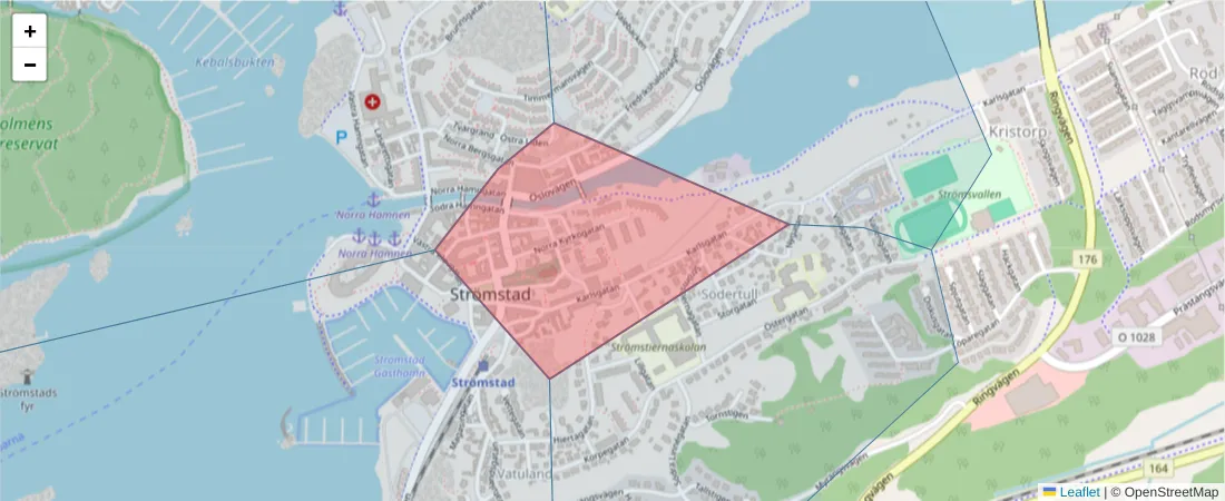 Karta över postnummerområdet  och angränsande postnummer i Sverige