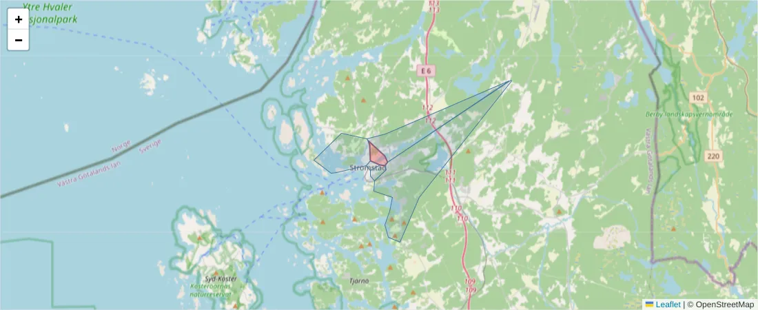 Karta över postnummerområdet  och angränsande postnummer i Sverige
