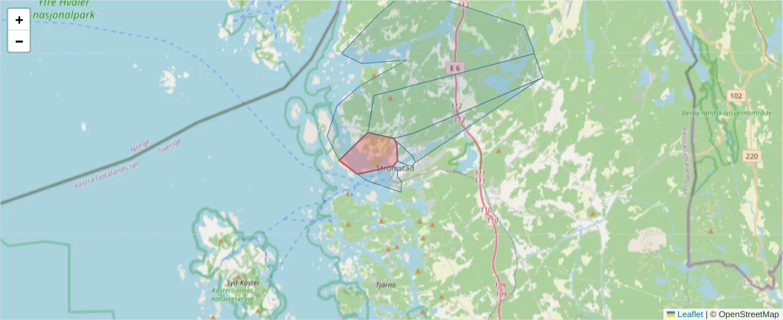Karta över postnummerområdet  och angränsande postnummer i Sverige
