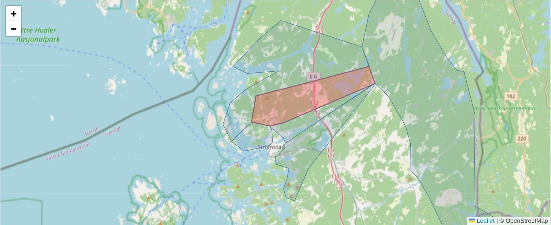 Karta över postnummerområdet  och angränsande postnummer i Sverige