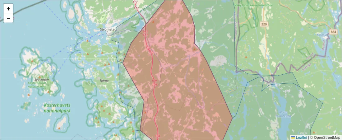 Karta över postnummerområdet  och angränsande postnummer i Sverige