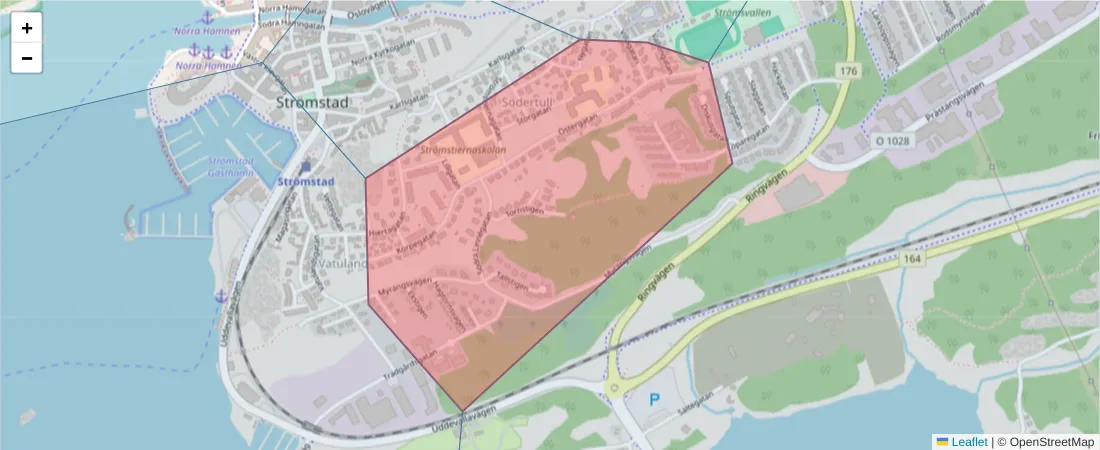 Karta över postnummerområdet  och angränsande postnummer i Sverige