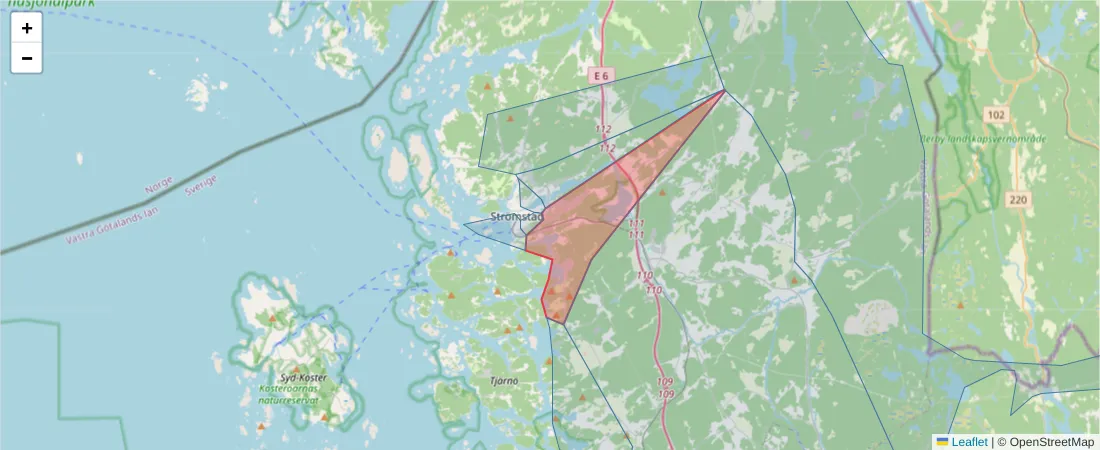 Karta över postnummerområdet  och angränsande postnummer i Sverige
