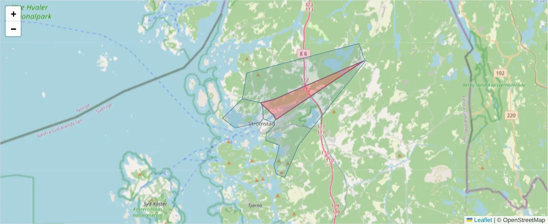 Karta över postnummerområdet  och angränsande postnummer i Sverige