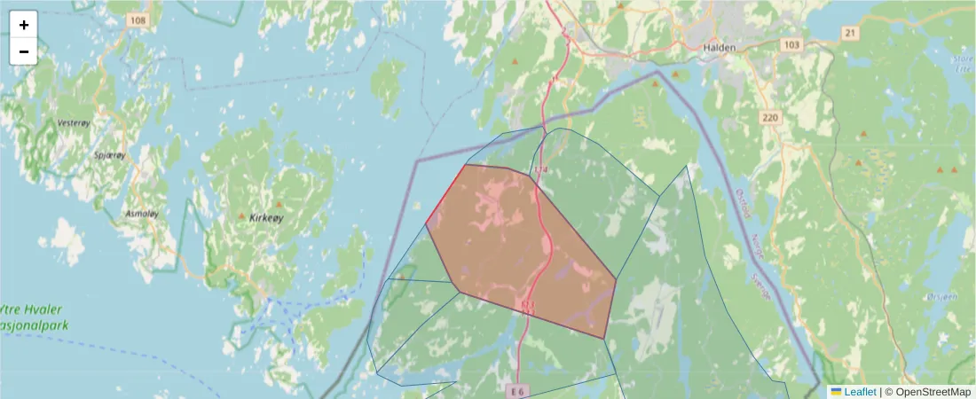 Karta över postnummerområdet  och angränsande postnummer i Sverige