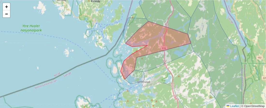 Karta över postnummerområdet  och angränsande postnummer i Sverige