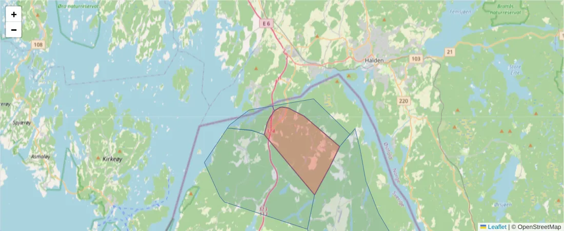 Karta över postnummerområdet  och angränsande postnummer i Sverige